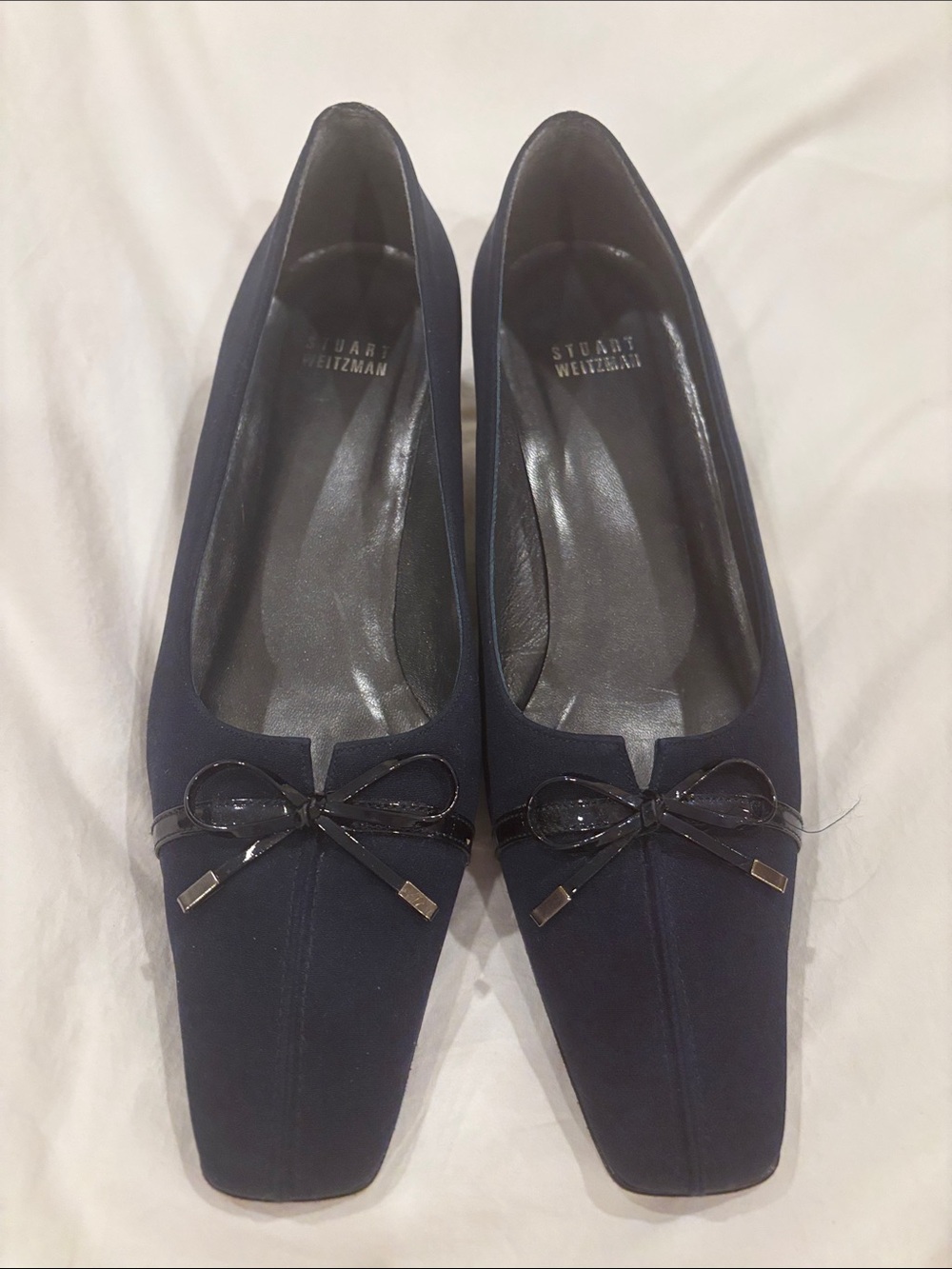Stuart Weitzman Navy Square-Toe Flats with Patent Bow